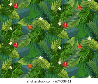  Tropical Leafs and Flowers Seamless Pattern. Vector illustration.