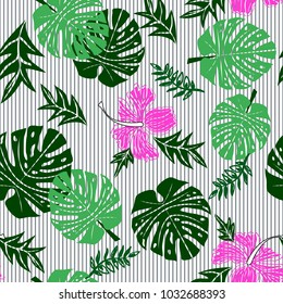 tropical leafs on gray striped background. tropical illustration