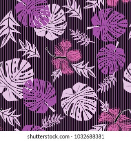 tropical leafs on striped background in fuchsia and pink colorson violet pattern