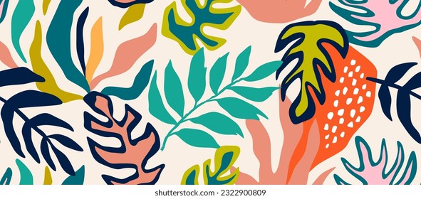  tropical leave and flower seamless pattern. Cute botanical shapes.