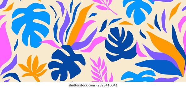  tropical leave and flower seamless pattern. Cute botanical shapes.