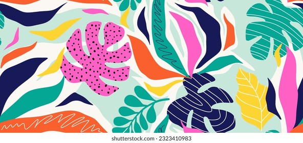 tropical leave and flower seamless pattern. Cute botanical shapes.