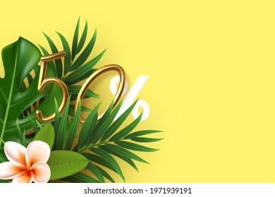 Tropical leaves with 3d golden 50 percent sign. Template with copy space for summer seasonal discount. Vector.