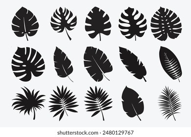 Tropical leaves abstract black flat silhouette set