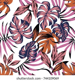 Tropical leaves abstract color seamless on the white background. Flat vector wallpaper
