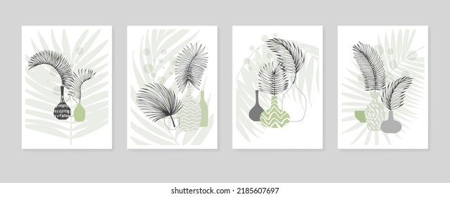 Tropical leaves Abstract Hand Painted Illustrations for Wall Decoration, Postcard, Social Media Banner, Brochure Cover Design Background. Modern Abstract Painting Artwork. Vector Pattern