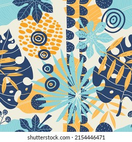 Tropical  leaves and abstract motif in the doodle style. Exotic summer botanical seamless pattern. Can be used in textile industry, paper, background, scrapbooking.Vector.