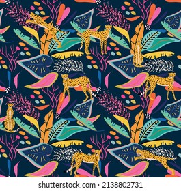 tropical leaves  with animal drawings , wild seamless pattern