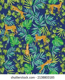 tropical leaves  with animal drawings , wild seamless pattern