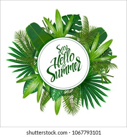 Tropical Leaves Around The Circle On White Background With Isolated Sign Say Hello To Summer. Pattern Nature. Vector Art Isolate.