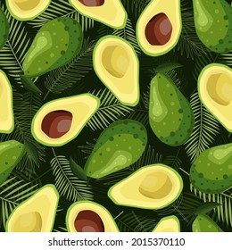 Tropical leaves and avocado fruits on a green background. Seamless avocado background. Vector illustration for design and web.