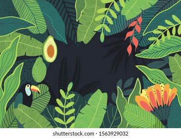 Tropical leaves background with abstract texture, bird Toucan, avocado and bright flower. Trendy unusual vector illustration. Dark exotic background for your text, format A4.