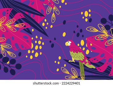 Fondo de hojas tropicales. Afiche luminoso o banner para sitio web con patrones abstractos, follaje y ramas. Elemento de diseño repetitivo para imprimir en tela. Dibujo vectorial plano de dibujos animados