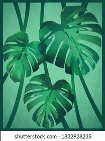 Tropical leaves background with frame, hand drawn monstera plant vector illustration in watercolor textured