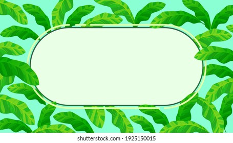 Tropical leaves background with frame. Vector illustration of green leaves pattern.