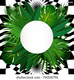 Tropical leaves background with geometric elements, vector floral patterns.