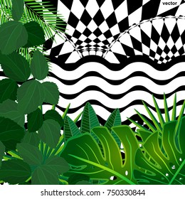 Tropical leaves background with geometric elements, vector floral patterns.
