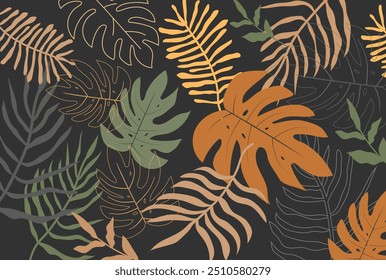 Tropical leaves background. Hand drawn leaves natural. monstera leaves. Exotic plants seamless pattern. floral element. Vector illustration