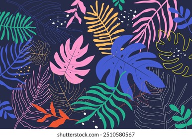 Tropical leaves background. Hand drawn leaves natural. monstera leaves. Exotic plants seamless pattern. floral element. Vector illustration