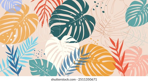 Tropical leaves background. Hand drawn leaves natural. monstera leaves. Design for fabric, textile, wallpaper, clothing, Shirt. floral element. Vector illustration