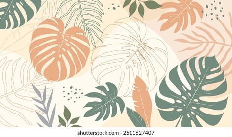 Tropical leaves background. Hand drawn leaves natural. monstera leaves. Design for fabric, textile, wallpaper, clothing, Shirt. floral element. Vector illustration