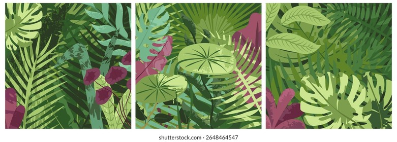 Tropical deixa fundo. Natureza, plantas exóticas, flores, fronteira botânica, banner floral, design de cartão. Folhas verdes, jardim exuberante, padrão de botânica. Conjunto de ilustrações de vetor plano