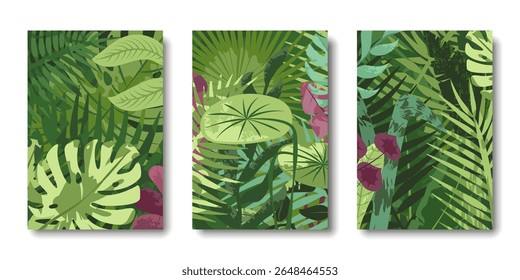 Tropical deixa fundo. Natureza, plantas exóticas, flores, fronteira botânica, banner floral, design de cartão. Folhas verdes, jardim exuberante, padrão de botânica. Conjunto de ilustrações de vetor plano