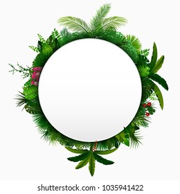 Tropical leaves background. Round tropical banner with space for text. Tropical foliage isolated on white background