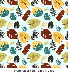 tropical leaves background seamless pattern suitable for printing on fabric and paper. repeating seamless botanical pattern of tropical jungle leaves of different shapes and colors suitable for printi