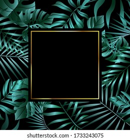 Tropical leaves background.
Summer vector illustration. Design for postcard, wallpaper, digital, web sites and social media. Jungle foliage backdrop.