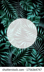 Tropical leaves background.
Summer vector illustration. Design for postcard, wallpaper, digital, web sites and social media. Jungle foliage backdrop.