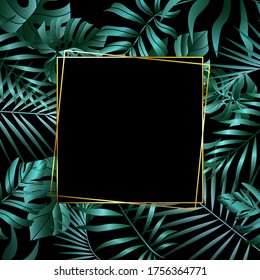 Tropical leaves background.
Summer vector illustration. Design for postcard, wallpaper, digital, web sites and social media. Jungle foliage backdrop.