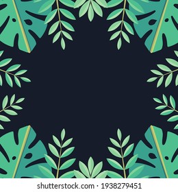 Tropical leaves background template. Advertisement frame created into flat style.