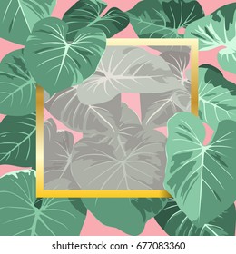 Tropical leaves background template, greeting card. Vector