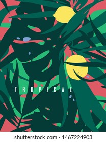 Tropical leaves background. Texture with monstera leaf, palm leaves and lemon fruit. Design element, print, banner for the tourism industry and travel, summer sale, fabrics.
