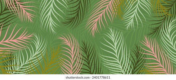 Tropical leaves background vector. Botanical foliage banner design hand drawn colorful palm leaves, coconut leaf line art. Design for wallpaper, cover, cards, packaging, flyer, fabric.