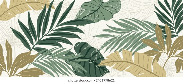 Tropical leaves background vector. Botanical foliage banner design hand drawn colorful palm leaf, monstera leaves line art. Design for wallpaper, cover, cards, packaging, flyer, fabric.