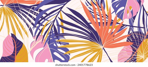 Tropical leaves background vector. Botanical foliage banner design hand drawn colorful palm leaf, monstera leaves line art. Design for wallpaper, cover, cards, packaging, flyer, fabric.
