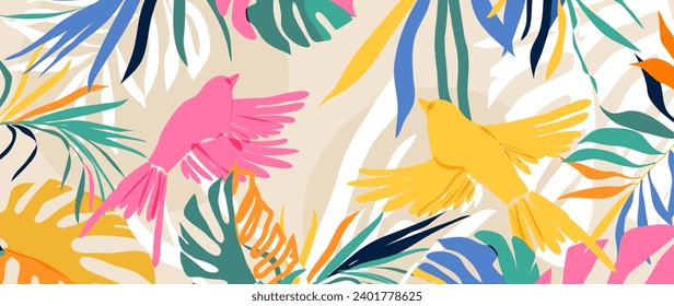 Vector de fondo de hojas tropicales. Pancarta botánica de diseño hoja de palma pintada a mano, hojas de monstera, arte de línea de pájaro. Diseño para papel de pared, cubierta, tarjetas, embalaje, volante, tela.