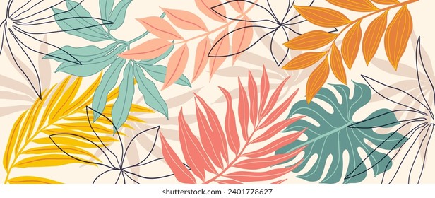 Tropical leaves background vector. Botanical foliage banner design hand drawn colorful palm leaf, monstera leaves line art. Design for wallpaper, cover, cards, packaging, flyer, fabric.