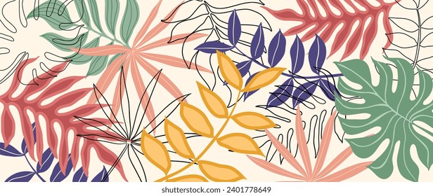 Tropical leaves background vector. Botanical foliage banner design hand drawn colorful palm leaf, monstera leaves line art. Design for wallpaper, cover, cards, packaging, flyer, fabric.