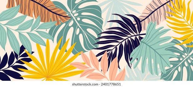 Tropical leaves background vector. Botanical foliage banner design hand drawn colorful palm leaf, monstera leaves line art. Design for wallpaper, cover, cards, packaging, flyer, fabric.