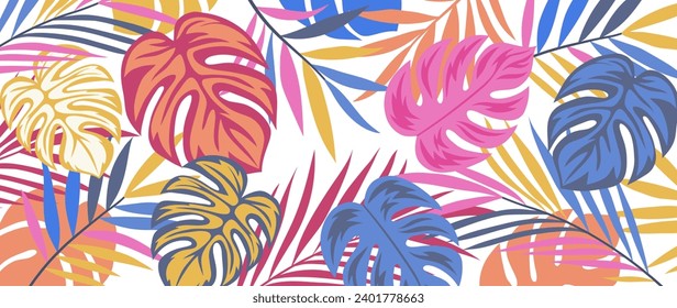 Tropical leaves background vector. Botanical foliage banner design hand drawn colorful palm leaf, monstera leaves line art. Design for wallpaper, cover, cards, packaging, flyer, fabric.