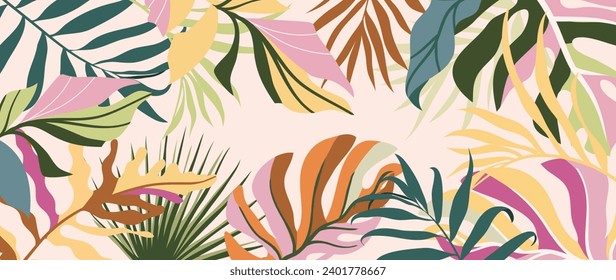 Tropical leaves background vector. Botanical foliage banner design hand drawn colorful palm leaf, monstera leaves line art. Design for wallpaper, cover, cards, packaging, flyer, fabric.