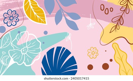 Tropical leaves background vector. Botanical foliage banner design hand drawn colorful for wrappers, wallpapers, postcards, greeting cards, wedding invitations, romantic events