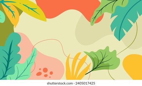 Vector de fondo de hojas tropicales. Pancarta de diseño de follaje botánico de mano pintada de colores para envolturas, fondos de pared, postales, tarjetas de felicitación, invitaciones de boda, eventos románticos