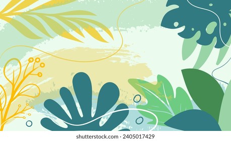 Tropical leaves background vector. Botanical foliage banner design hand drawn colorful for wrappers, wallpapers, postcards, greeting cards, wedding invitations, romantic events