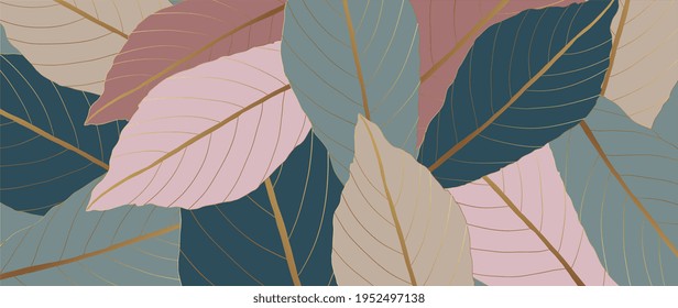 Tropical leaves background vector with golden line art texture.  Luxury wallpaper design for prints, poster, cover, invitation, packaging design background, wall art and home decoration.