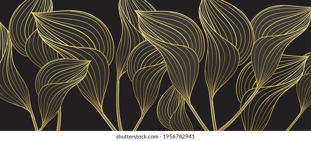 Tropical leaves background vector with golden line art texture.  Luxury wallpaper design for prints, poster, cover, invitation, packaging design background, wall art and home decoration.