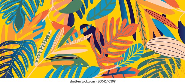 Tropical leaves background vector. It includes leaf shapes, pencils and paint brush texture. Pop art botanical design for fabrics, wallpaper, cards, rugs, ceramics, homewares, gadget skins and more.